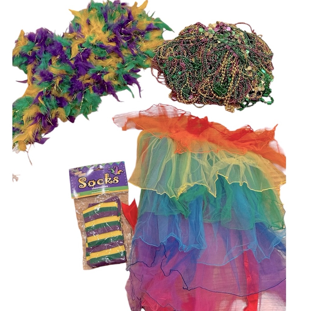 NWT Mardi Gras Rainbow Tulle Skirt Socks Beads Boa Costume Party Multicolor